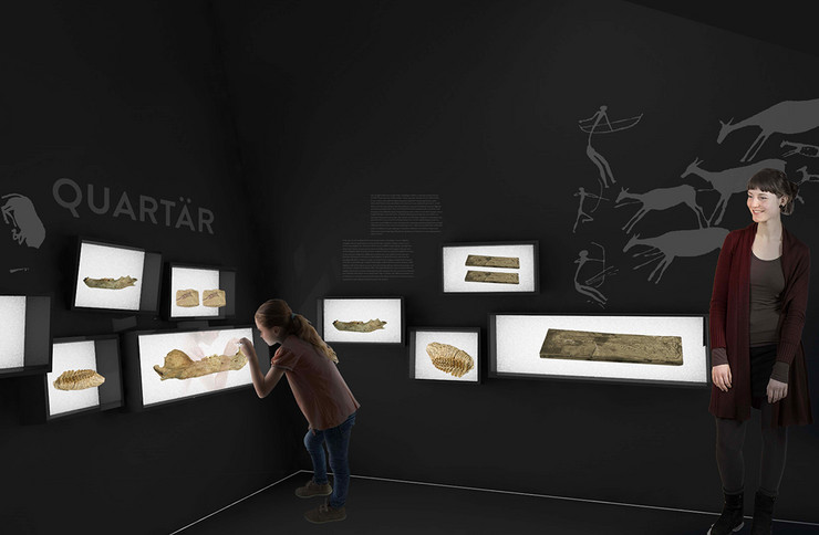 Virtueller Rundgang durch die zukünftige Dauerausstellung im Bereich Mammut und Fossilien mit Schaukästen in einem sehr dunklen Raum.