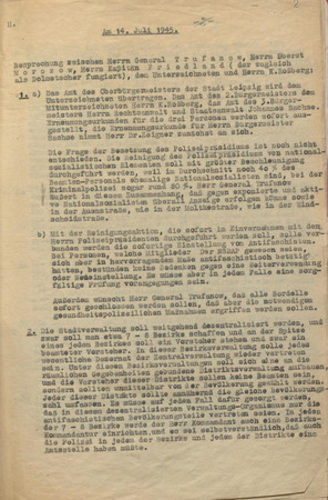 Aktenseite in Maschinenschrift Zusammenarbeit mit sowjetischen Militärkommandanten der Stadt Leipzig