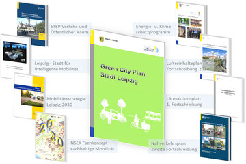 Titelseite des Green City Plans sowie weiterer Fachpläne, die sich dem Thema Nachhaltige Mobilität generell oder neben andere Themen widmen