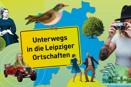 Collage mit verschiedenen Motiven der Leipziger Ortschaften, zum Beispiel einem Wasserturm, ein Vogel, Bach in einem alten Feuerwehrauto und weitere sowie ein Stadtplan von Leipzig