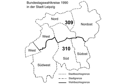 Karte mit den Bundestagswahlkreisen 1990 in der Stadt Leipzig.