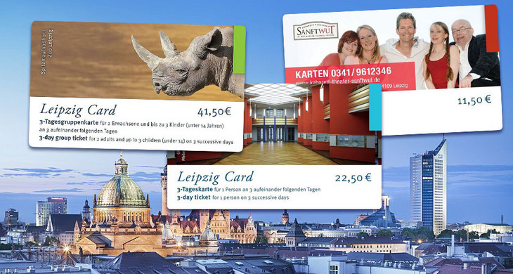 Silhouette Leipzigs mit drei verschiedenen Leipzig Cards (Angebotskarten)