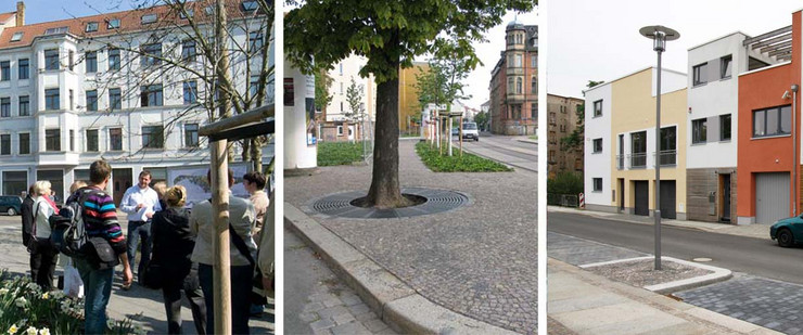 Fotocollage aus drei Fotos mit Infoveranstaltung und Häusern im Leipziger Osten