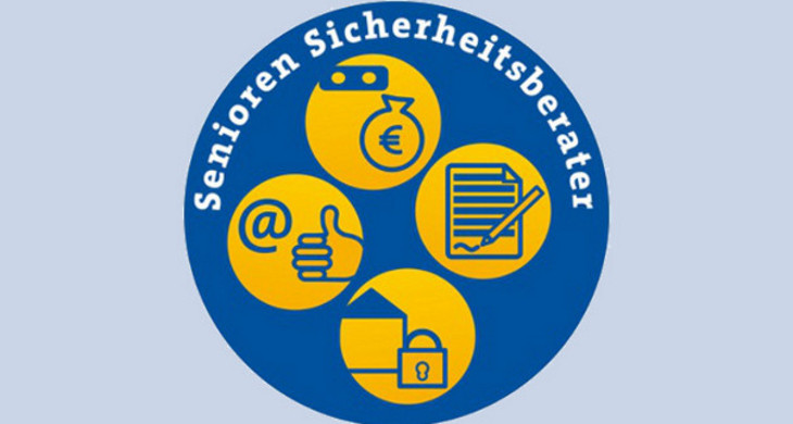 Blauer Kreis mit gelben Symbolen Internet, Finanzen, Verträge, Einbruchschutz und der Aufschrift Seniorensicherheitsberater