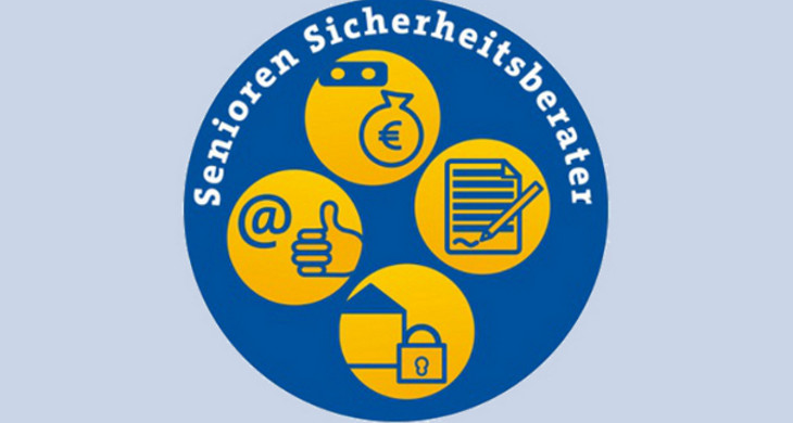 Blauer Kreis mit gelben Symbolen Internet, Finanzen, Verträge, Einbruchschutz und der Aufschrift Seniorensicherheitsberater