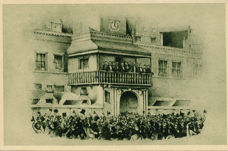 Lithografie von Robert Blums Rede am 3. März 1848 vom Balkon des Leipziger Alten Rathauses