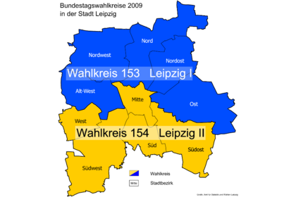 Karte mit den Bundestagswahlkreise 2009 in der Stadt Leipzig.