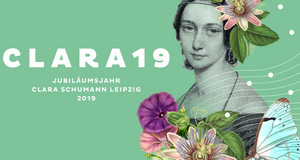 Plakatmoiv: Porträtzeichnung der jungen Clara Schumann auf grünem Grund mit bunten stilisierten Blumen und Schmetterling und Schriftzug CLARA19