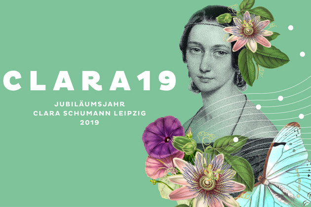 Plakatmoiv: Porträtzeichnung der jungen Clara Schumann auf grünem Grund mit bunten stilisierten Blumen und Schmetterling und Schriftzug CLARA19
