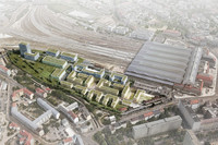 Visualisierung eines neuen Stadtquarieres neben dem Hauptbahnhof. Aus der Luft sind verschiedene Häuser mit grünen Dächern neben den Gleise und dem Gebäude des Hauptbahnhofes dargestellt.