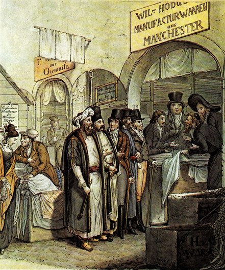 Handelsszene mit jüdischen Kaufleuten am Leipziger Brühl, um 1825
