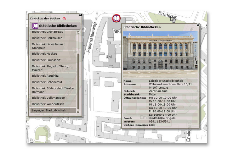 Bildschirmfoto von der Detailanzeige des Stadtplans unter stadtplan.leipzig.de. Standtort Stadtbibliothek mit Foto, Adresse, Öffnungszeiten, Kontakt und Link zur Website.