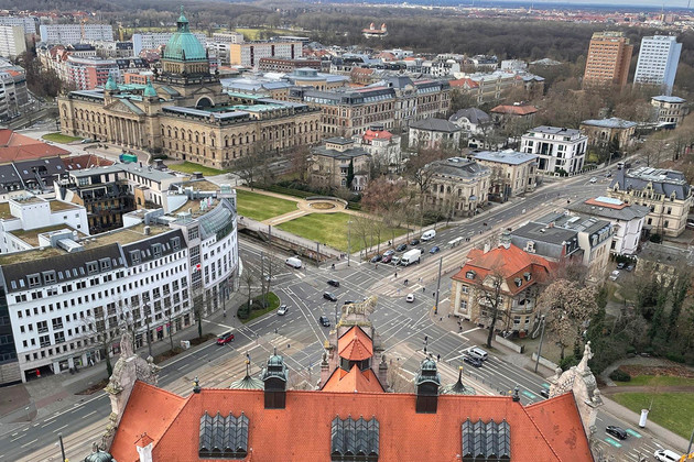 Vogelperspektive auf die Leipziger Kreuzung vor dem Bundesverwaltungsgericht in der Innenstadt