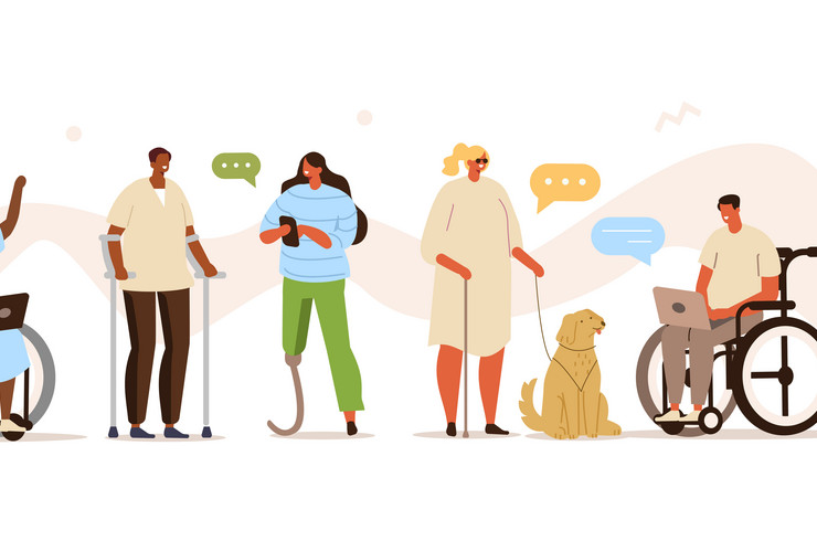 Grafische Darstellung von Menschen mit Gehhilfe, Prothese, Blindenführhund und Rollstuhl