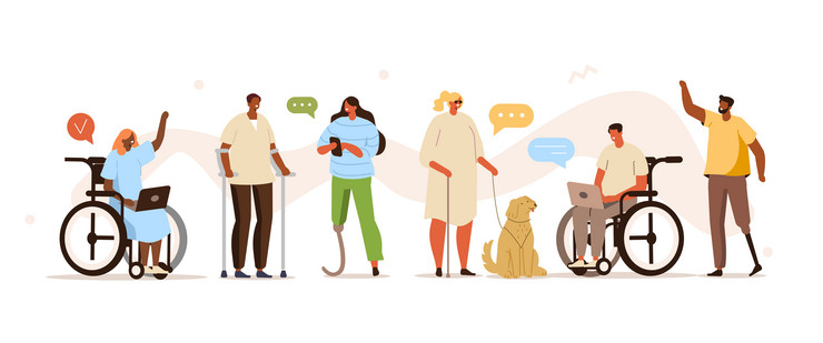 Grafische Darstellung von Menschen mit Gehhilfe, Prothese, Blindenführhund und Rollstuhl