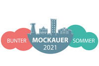 Schriftzug "Bunter Mockauer Sommer 2021", in der Mitte eine gezeichnete Stadtsilhouette