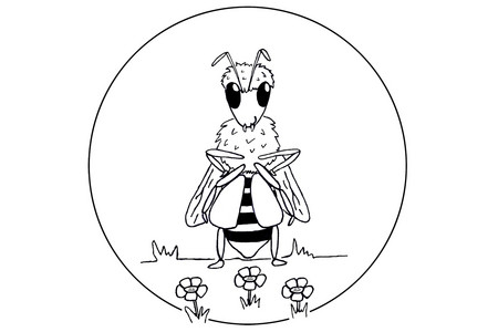 Die Schwarz-Weiß-Grafik zeigt eine Biene, welche den Betrachter anschaut. Vor ihr stehen drei Blümchen.