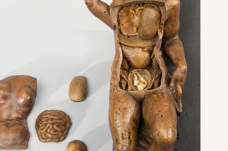Holzstatuette einer nackten, schwangeren Frau im Barockstil. Sie besitzt unter der abnehmbaren Bauchdecke zahlreiche, leicht schematisierte herausnehmbare Eingeweide. Die Miniaturskulptur des Fetus im Uterus ist aus Elfenbein.