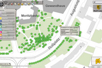 Kartenausschnitt vom Bereich Augustusplatz bis Roßplatz mit eingezeichneten Straßenbäumen
