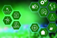 Die Grafik zeigt zwölf grüne Hexagone auf grünem Hintergrund mit den Symbolen Wasserstoff, Windrädern, Solarenergie, Haus, Währungszeichen und anderen Symbolen