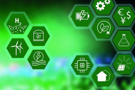 Die Grafik zeigt zwölf grüne Hexagone auf grünem Hintergrund mit den Symbolen Wasserstoff, Windrädern, Solarenergie, Haus, Währungszeichen und anderen Symbolen