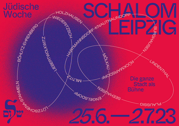 Leipziger Ortsteile in rosa Kreisen angeordnet auf einem lila-roten Hintergrund, oben die Überschrift Shalom Leipzig
