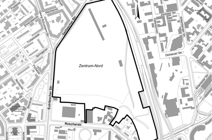 Stadtplanausschnitt mit markiertem Geltungsbereich des Bebauungsplans Nr. 416