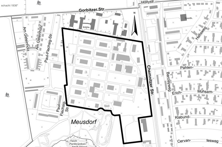 Stadtplanausschnitt mit schwarz markiertem Baugebiet