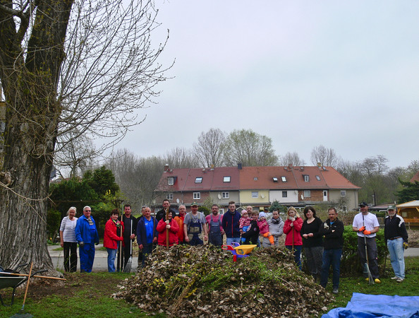 Anwohner aus der Weidenhofsiedlung in Leipzig-Mockau beim Frühjahrsputz 2017. Sie stehen in einer Gruppe hinter einem großen Laubhaufen.