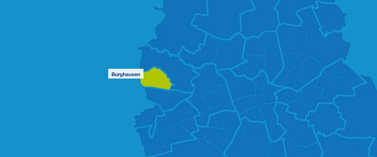 Karte mit den Umrissen der Leipziger Ortsteile. Burghausen ist hervorgehoben.