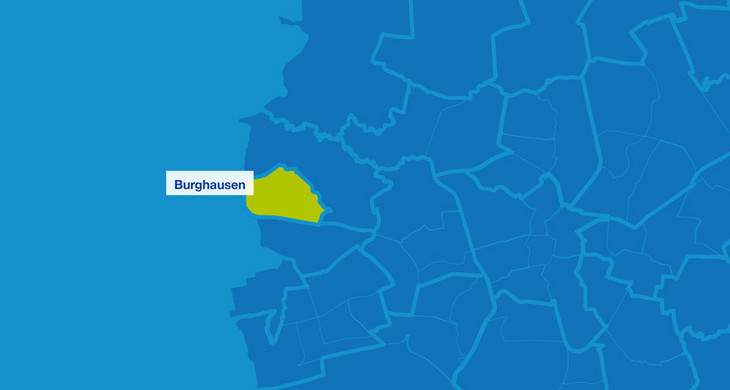 Karte mit den Umrissen der Leipziger Ortsteile. Burghausen ist hervorgehoben.
