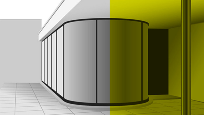 Grafik eines Innenraumes in grau und gelb