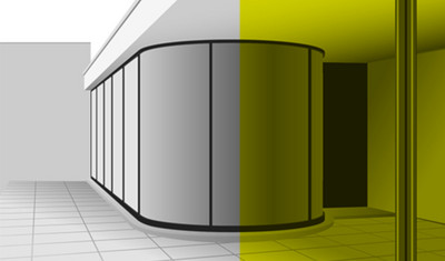 Grafik eines Innenraumes in grau und gelb