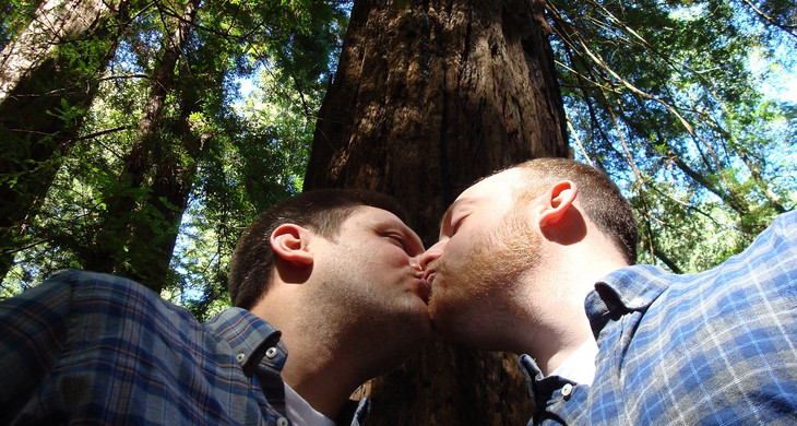 Zwei Männer küssen sich in einem Wald unter einem Baum.