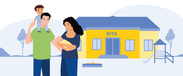 Zeichnung einer Familie mit Kleinkind und Baby vor einem Gebäude mit der Aufschrift Kita