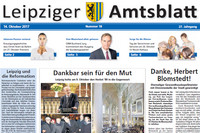 Die Titelseite des Leipziger Amtsblatts vom 14. Oktober 2017 zeigt drei Bilder vom Friedensgebet, der Rede zur Demokratie und dem Lichtfest am 9. Oktober 2017