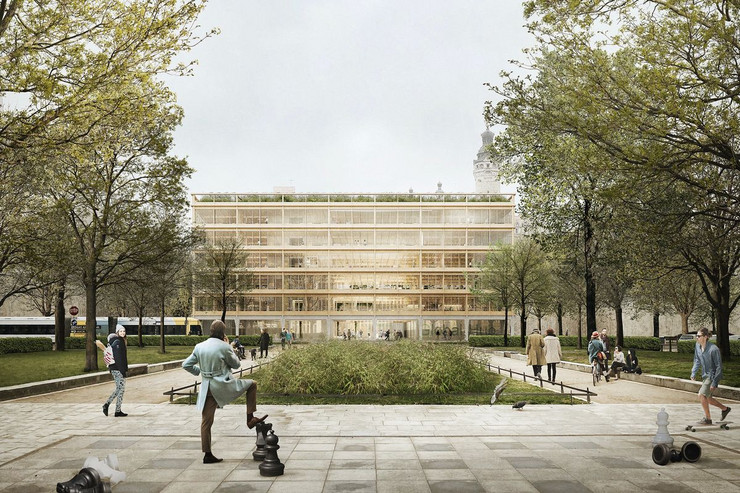 Visualisierung des Global Hub am Wilhelm-Leuschner-Platz. Mehrstöckiges Gebäude mit Glasfassade. Davor eine Grünfläche mit Bäumen und Gehwegen.