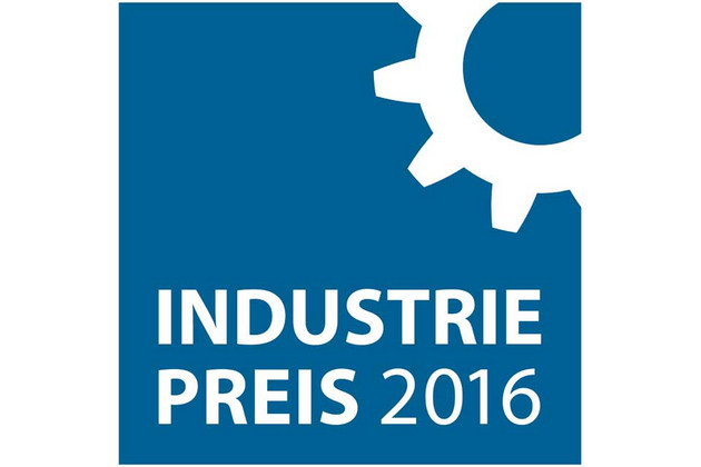 Logo weiße Schrift Industriepreis 2016 auf blauen Grund, rechts oben ein Ausschnitt von einem Zahnrad stilisiert