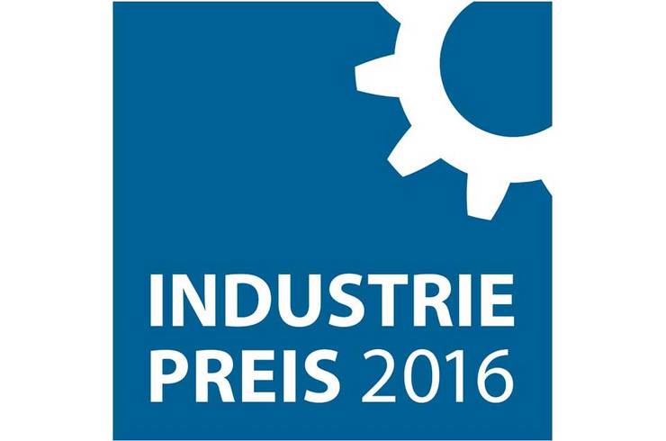Logo weiße Schrift Industriepreis 2016 auf blauen Grund, rechts oben ein Ausschnitt von einem Zahnrad stilisiert