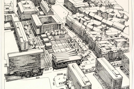 Blick aus der Luft auf den Sachsenplatz, Schwarz-Weiß-Zeichnung von verschiedenen Gebäuden.