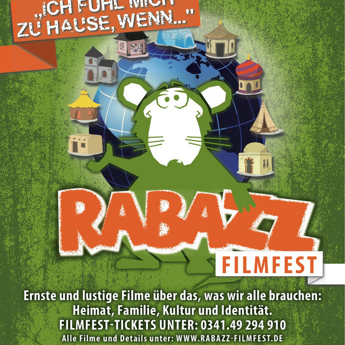 Werbeplakat für das Kinder und Jugendfilmfest Rabazz mit dem Maskottchen, einer grünen Ratte