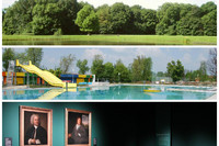 Collage mit einem Parkmotiv, einem Freibad und einem Museum