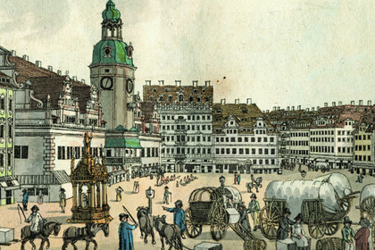 Der Leipziger Marktplatz um 1800 von der Katharinenstraße aus gesehen, kolorierte Radierung Carl Benjamin Schwarz'