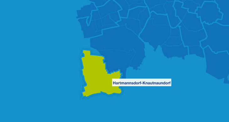 Karte mit den Umrissen der Leipziger Ortsteile. Hartmannsdorf-Knautnaundorf ist hervorgehoben.