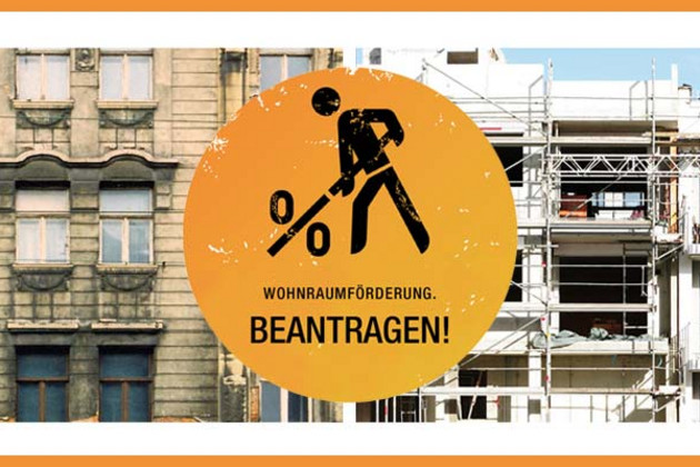 Bauarbeiterlogo vor Hausfassaden: alte Gründerzeit und Neubau