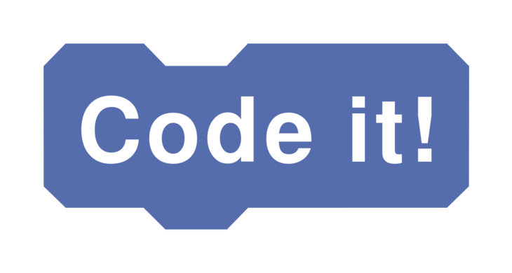 Logo der Firma Code it! - ein weißer Schriftzug des Firmennamens auf blauem Hintergrund