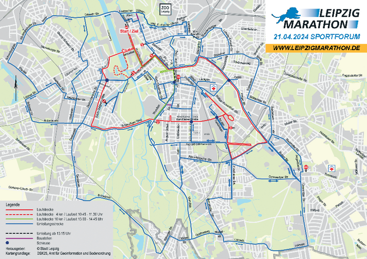 Ausschnitt vom Stadtplan Leipzig mit eingezeichneten Umleitungsstrecken für den Individualverkehr am 21. April 2024 zum Leipzig Marathon.