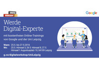 Blaues Banner zum Google "Digital Workshop on Campus" an der Universität Leipzig mit der Aufschrift "Werde Digital-Experte"