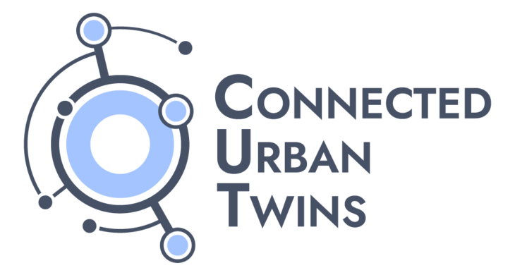 Das CUT-Projektlogo besteht aus einer abstrakten geometrischen Komposition aus radialen Formen, Linien und Punkten in 2 Blautönen, auf der rechten Seite befindet sich der Texttitel: "Connected Urban Twins".