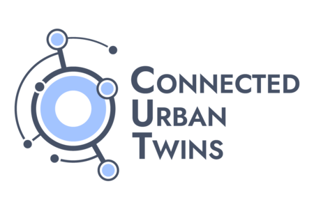Das CUT-Projektlogo besteht aus einer abstrakten geometrischen Komposition aus radialen Formen, Linien und Punkten in 2 Blautönen, auf der rechten Seite befindet sich der Texttitel: "Connected Urban Twins".